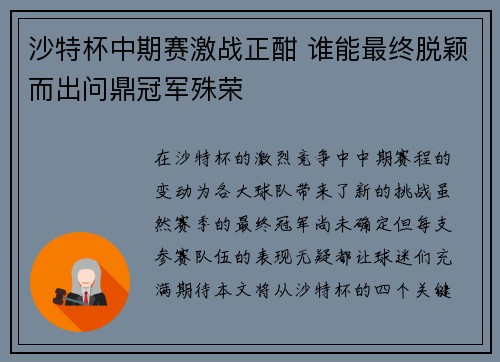 沙特杯中期赛激战正酣 谁能最终脱颖而出问鼎冠军殊荣