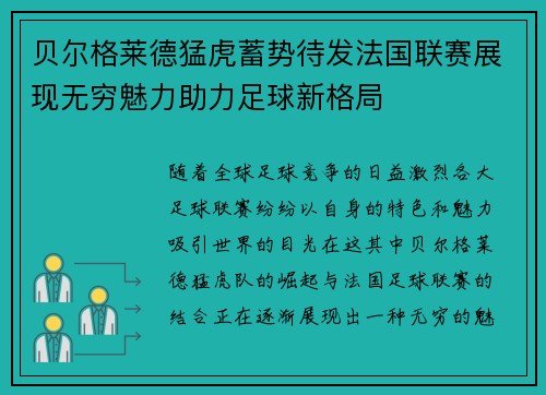 贝尔格莱德猛虎蓄势待发法国联赛展现无穷魅力助力足球新格局