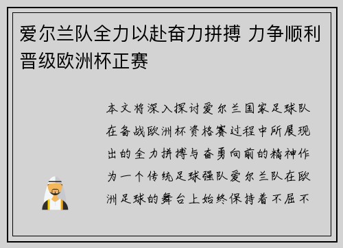 爱尔兰队全力以赴奋力拼搏 力争顺利晋级欧洲杯正赛