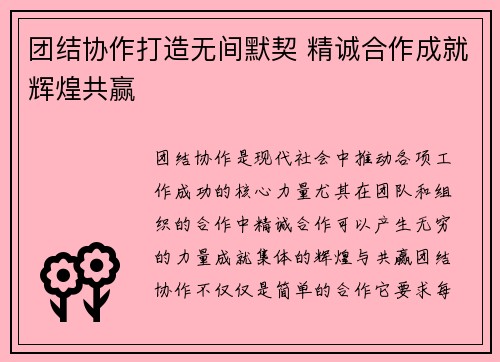 团结协作打造无间默契 精诚合作成就辉煌共赢
