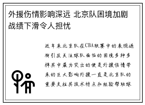 外援伤情影响深远 北京队困境加剧 战绩下滑令人担忧