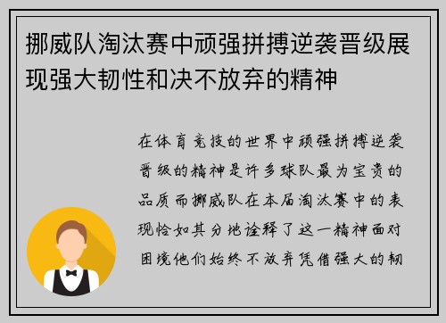 挪威队淘汰赛中顽强拼搏逆袭晋级展现强大韧性和决不放弃的精神
