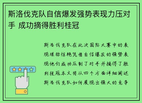 斯洛伐克队自信爆发强势表现力压对手 成功摘得胜利桂冠