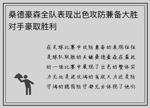 桑德豪森全队表现出色攻防兼备大胜对手豪取胜利