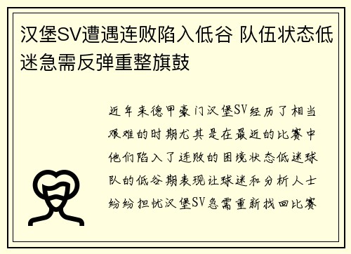 汉堡SV遭遇连败陷入低谷 队伍状态低迷急需反弹重整旗鼓
