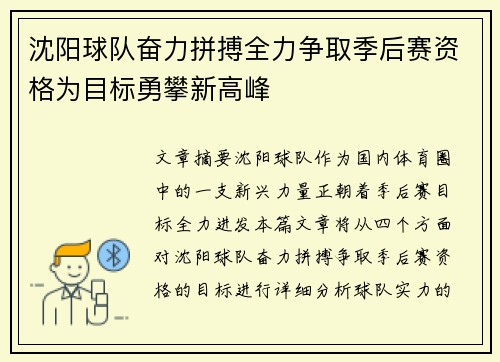 沈阳球队奋力拼搏全力争取季后赛资格为目标勇攀新高峰