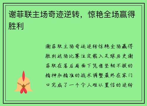 谢菲联主场奇迹逆转，惊艳全场赢得胜利